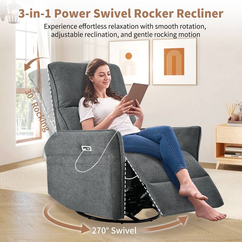 Anmytek 270 Degree Power Swivel Rocker Recliner Comfortable Upholstered Nursery Glider Single Chair