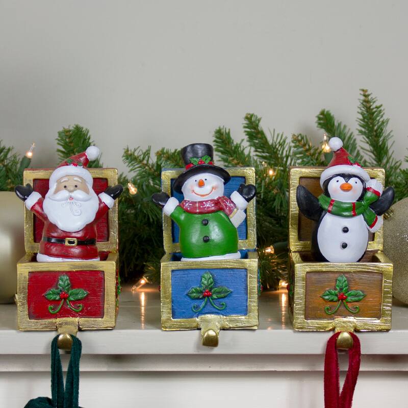 3 Santa, Snowman Penguin Jack in the Box Christmas Stocking Holders