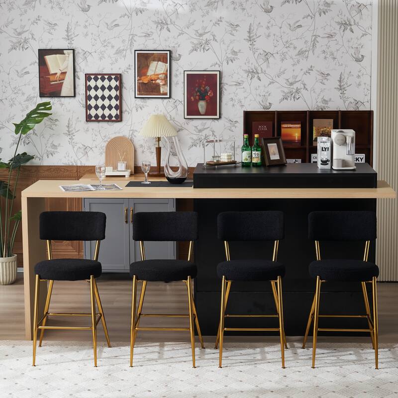 Set of 2/Set of 4 Modern Teddy Fabric Upholstered Bar Stools with Metal Base - Set of 4-Black+Gold