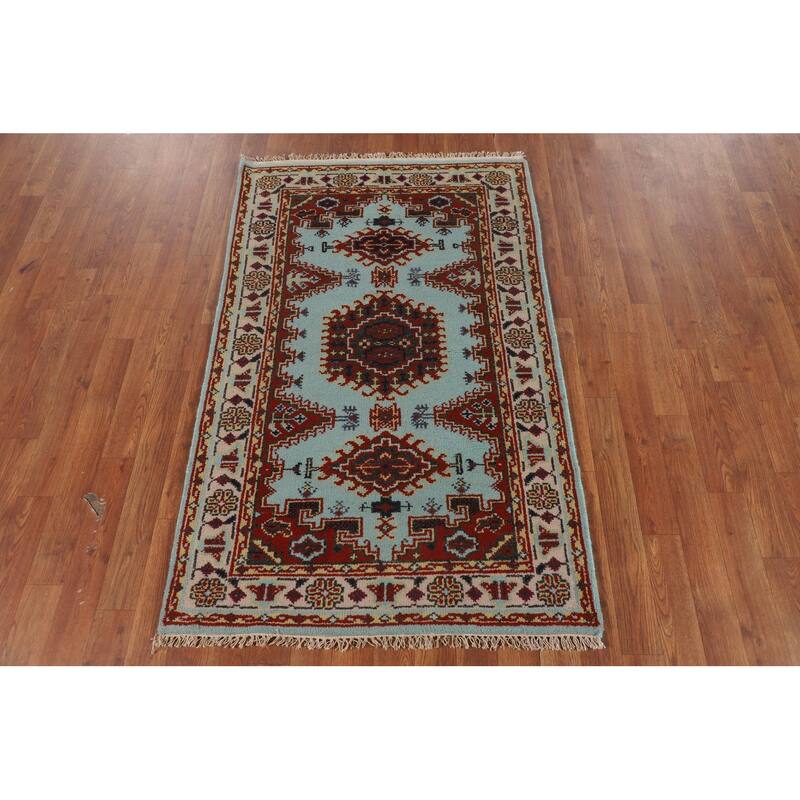 Light Blue Geometric Viss Indian Foyer Rug Handmade Wool Carpet - 2'11"x 4'9"