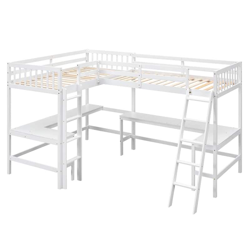 Merax Wood Twin Size L-Shaped Loft Bed with Ladder and 2 Built-in L-Shaped Desks