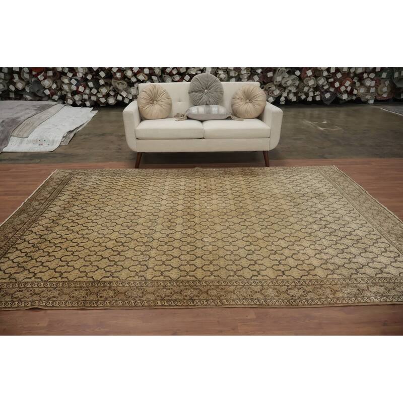 Hand Knotted Oriental 100% Wool Carpet Traditional All-Over Beige & Ivories Mood Area Rug - 9' 10'' X 7' 0''