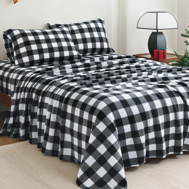 Black & White Buffalo Plaid Bedding Fleece 4-Piece Sheet Set - Queen