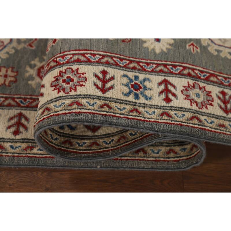 Gray Geometric Kazak Runner Rug Handmade Wool Carpet - 2'9" x 16'5"