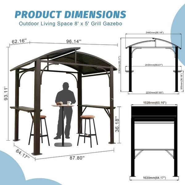 8x5FT Arc Roof, Grill Canopy for Outdoor Grill w/Double Galvanized Steel Roof and 2 Side Shelves, BBQ Gazebo Grill Tent ,Brown