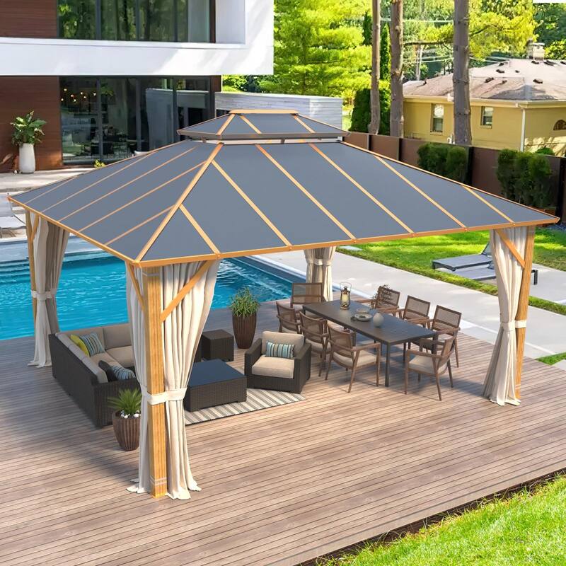 Aluminum Hardtop Gazebo for Patio, Outdoor Waterproof Pavilion with Netting and Curtains, Weather-Resistant Canopy for Backyard.