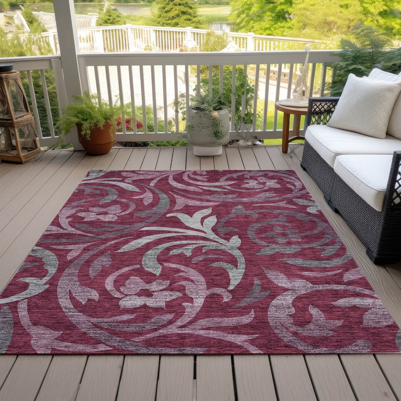 Machine Washable Indoor/ Outdoor Chantille Floral Scroll Rug - Garnet - 3' x 5'