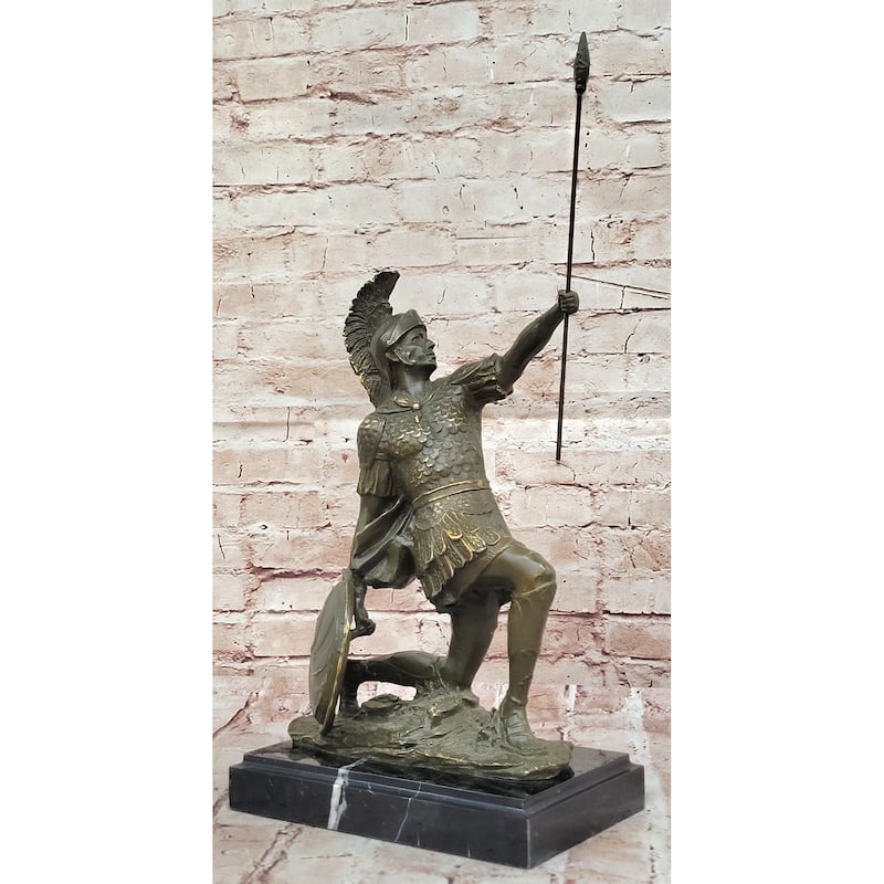 Kneeling Roman Legion Centurion Warrior Bronze Sculpture With Spear Shield