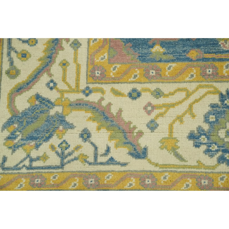 Floral Blue Oushak Vegetable Dye Area Rug, Floral Geometric Carpet - 9' 10'' X 8' 3''