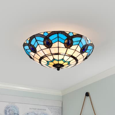 Thora Ivory and Azure Flushmount Ceiling Lamp Tiffany Style Glass Shade - Ivory-Blue