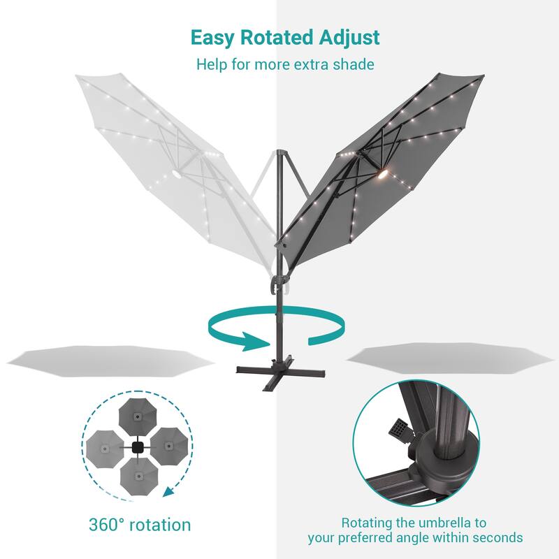 BONOSUKI LED 10FT Patio Cantilever 360 Roration Offset Umbrella