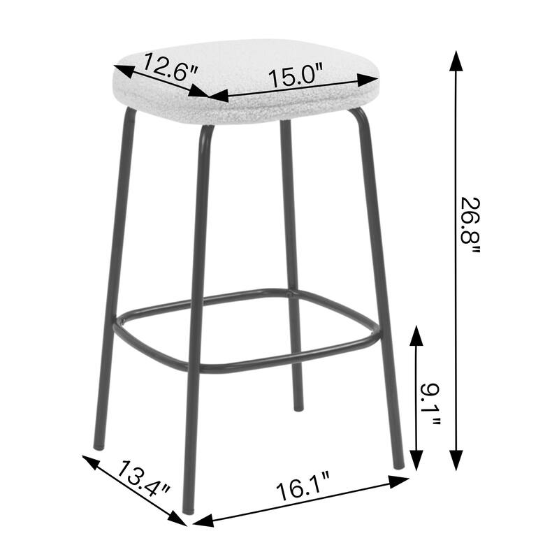 Set of 2 Ayana White Boucle Backless Counter Stool with Black Iron Legs