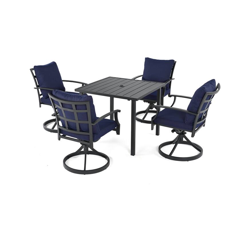 IvyGlow 5-Piece Black Metal Patio Dining Set with Square Table, 4 Swivel Dining Chairs and Gray Cushions