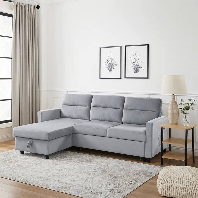 Ami 82 Inch Modern Reversible Sleeper Sofa with Chaise, Side Pocket, Gray