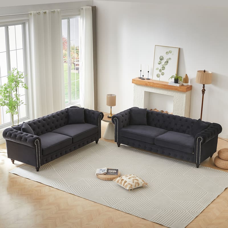 3+3 Seat Velvet Deep Seat Sofas Set, Classic Chesterfield Couches with Nailheads Accent, Removable Cushions and Pillows