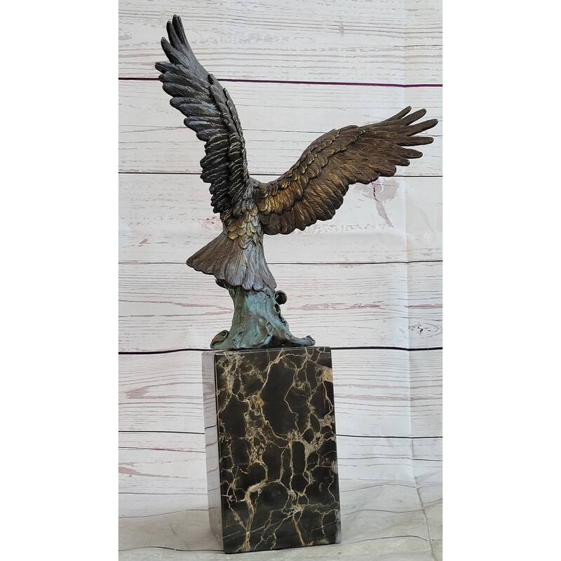 Flying Eagle Bird Catching Fish Bronze Statue Sculpture Signed Art On Marble Base