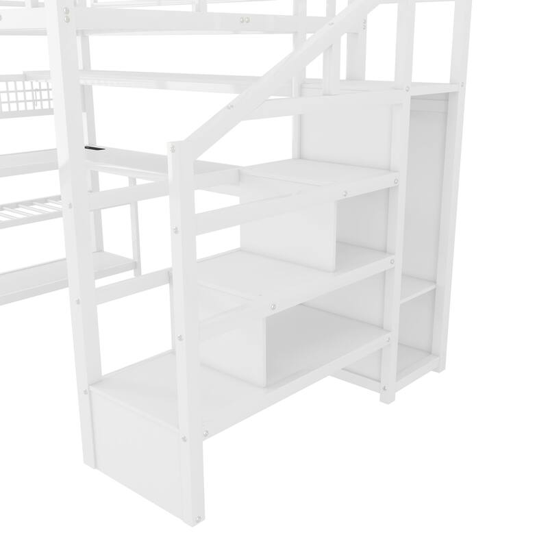 Full Size Metal Loft Bed with Staircase and Wardrobe, Loft Bed Frame with Desk, Storage Shelves, LED Lights and Charge Station