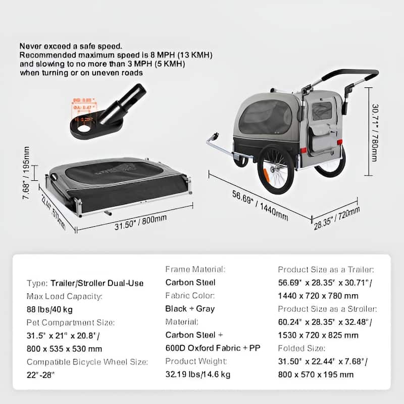 Dog Bike Trailer, Supports up to 88 lbs, 2-in-1 Pet Stroller Cart Bicycle Carrier, Easy Folding Cart Frame with Quick Release W
