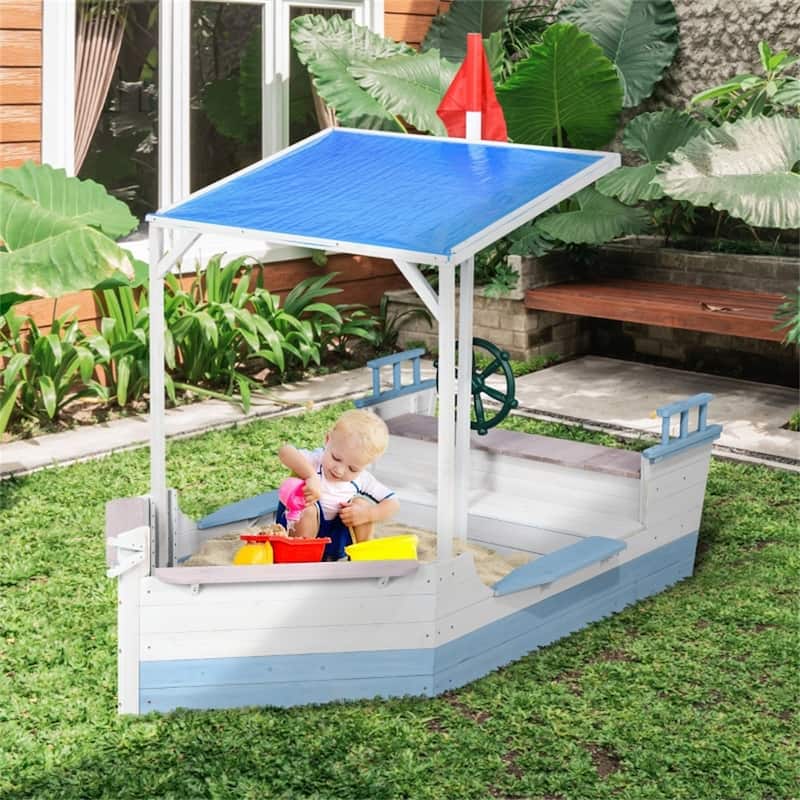 Outdoor Kids Sandbox with Canopy Seats and Fabric Liner for Ages 3 to 7 Years - 82.75" L x 43.25" W x 62.5" H