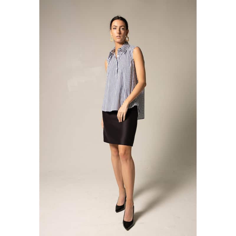 The Olivia Sleeveless Blue Stripe Blouse in Italian Cotton