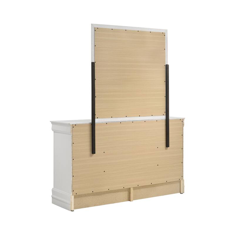 Nim Wide Dresser and Mirror with Molded Trim, 6 Drawers, White Wood