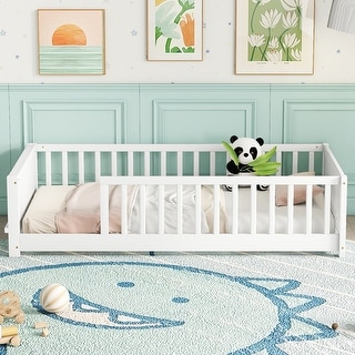 Twin Pine Wood Floor Platform Bed w/Built-in Book Storage Rack,White