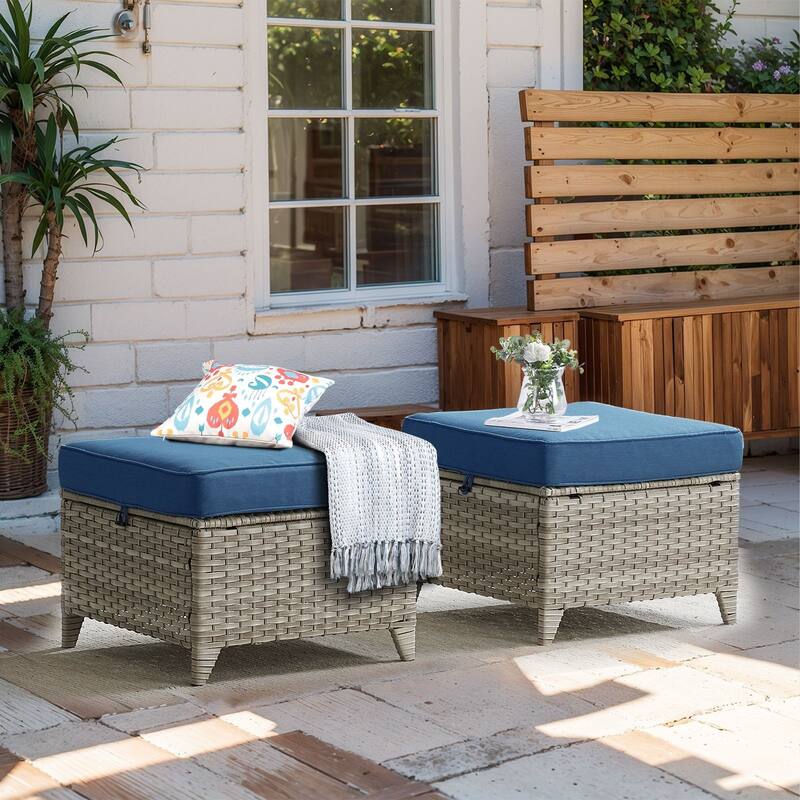 Outdoor Patio Ottoman for Swivel Chairs - Light Beige Wicker Blue Cushion - 2 Pieces Ottoman