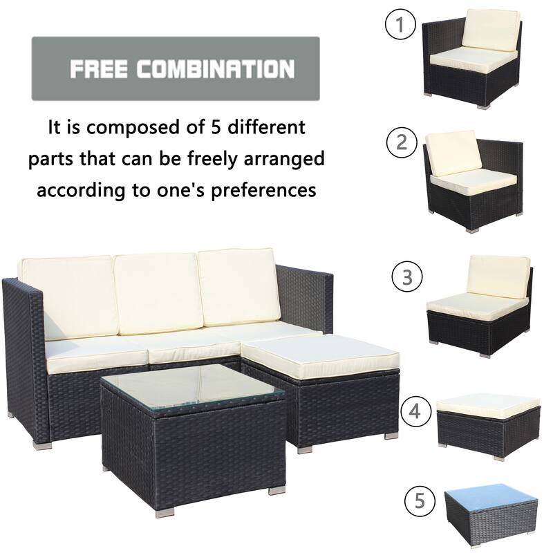 5-Piece Outdoor PE Rattan Sectional Sofa Set with Coffee Table and Waterproof Cushions