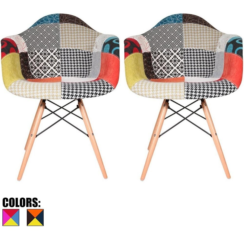 Overstock2xhome Set Of 2 Fabric Patchwork Patterned Multi Color Wood Natural Home Shell Molded Armchairs Accent Living Room Dining Chair Dailymail