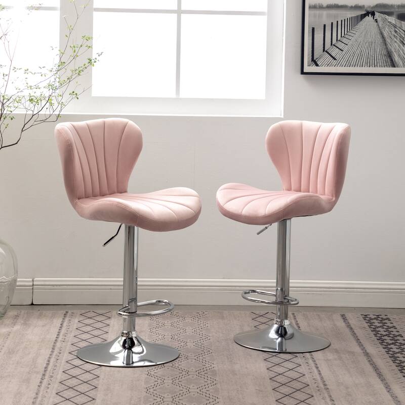 Set of 2 Adjustable Swivel Barstools with Upholstered Bucket Seats and Chrome Footrest.