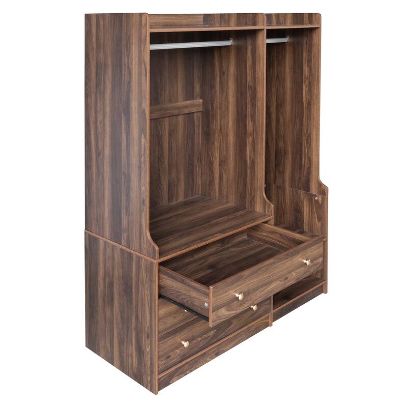 Wooden Open Wardrobe Storage Clothes Storage Cabinet with Dual Hanging Rods and Five Shelves Armoire for Bedroom