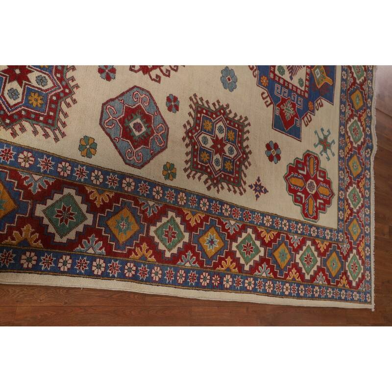 Ivory Geometric Kazak Area Rug Hand-Knotted Wool Carpet - 8'0" x 10'6"