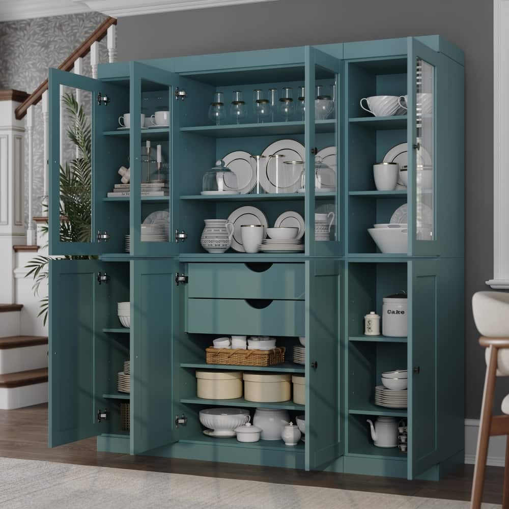 Palace Imports 100% Solid Wood Pantry China Cabinet, Clear Glass & Shaker Doors, 2 Drawers, Adjustable Shelves