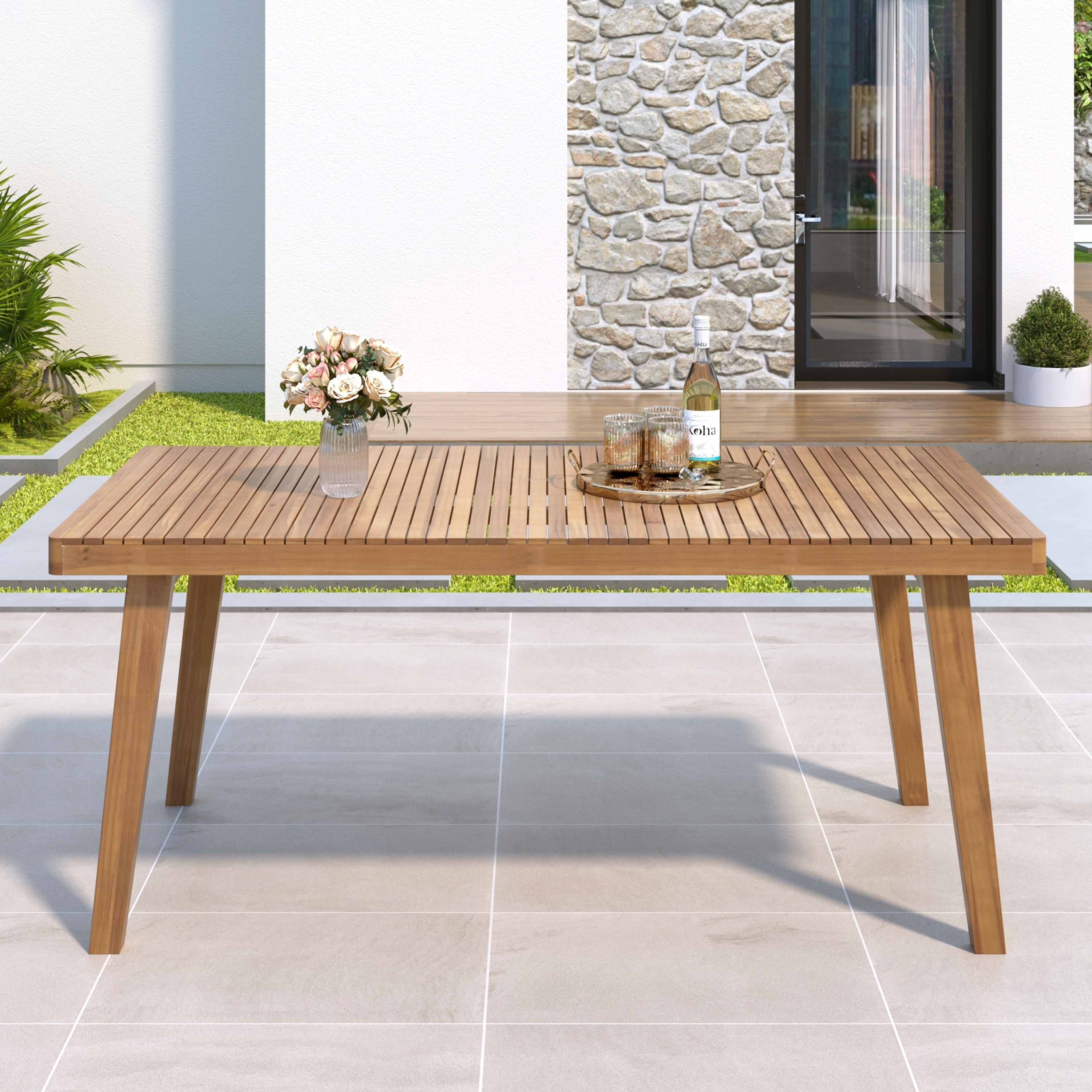 Roomfitters 69-Inch Outdoor Dining Table, Acacia Wood Slatted Top for Patio or Garden, Sturdy Finish
