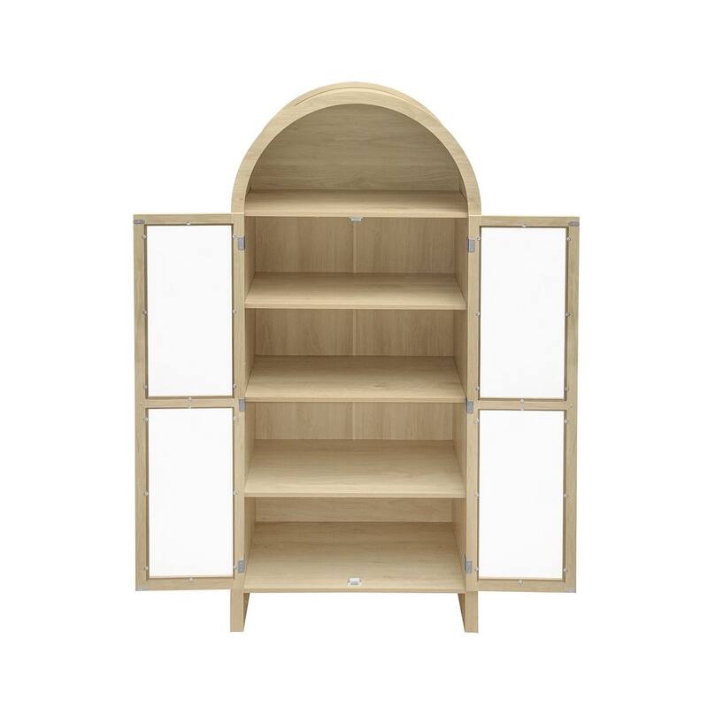 Farmhouse Wood Kitchen Pantry Cabinet, ,Arched Storage Display Cabinet with Glass Doors and Adjustable Shelves