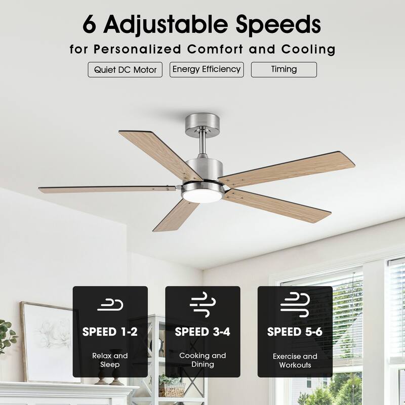 52" Modern Brushed Nickel Plywood Integrated LED Dimmable Ceiling Fan with Light