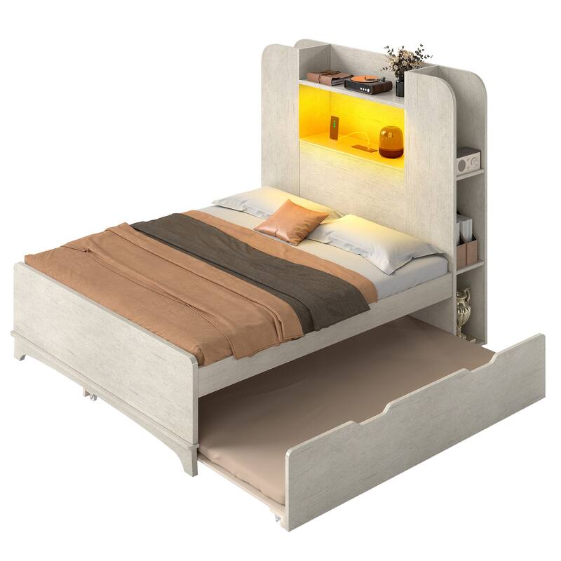 Bed with Trundle, Twin Size Bed Frame with Bookcase Daybed Storage Headboard and Charging Station & RGB LED Lights Bed