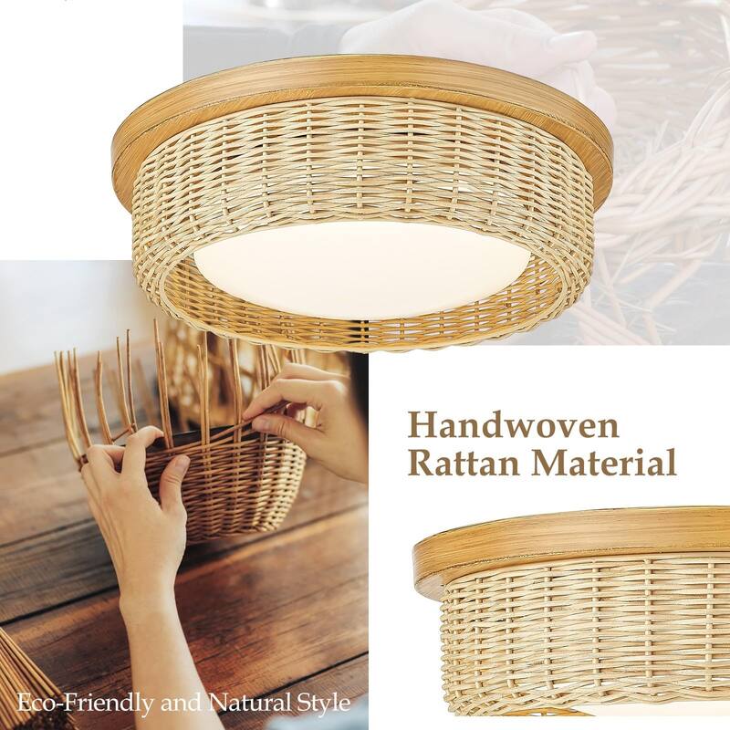 12.6 /15 Inch Rattan Dimmable LED Ceiling Light, Painted Wood