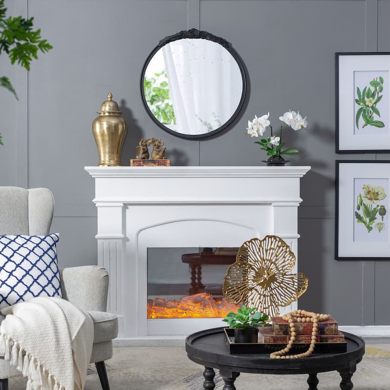 30"x30" Round Hand Carved Antique Mirror Frame - Black