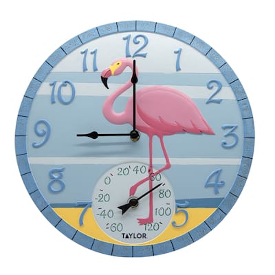 Taylor Flamingo Indoor and Outdoor Clock and Thermometer, 14 In