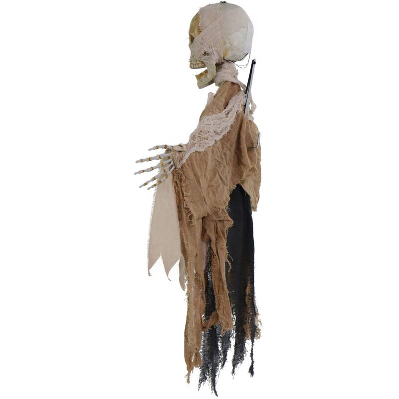 Haunted Hill Farm Danger McRibsey the Animatronic Skeleton Mummy Greeter with Banner for Halloween Decoration