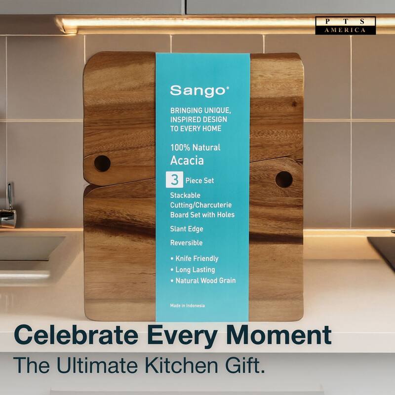Sango Atelier Acacia Wood 3-Piece Cutting Board Set with Slant Edge & Juice Grooves- Reversible Kitchen Chopping Boards