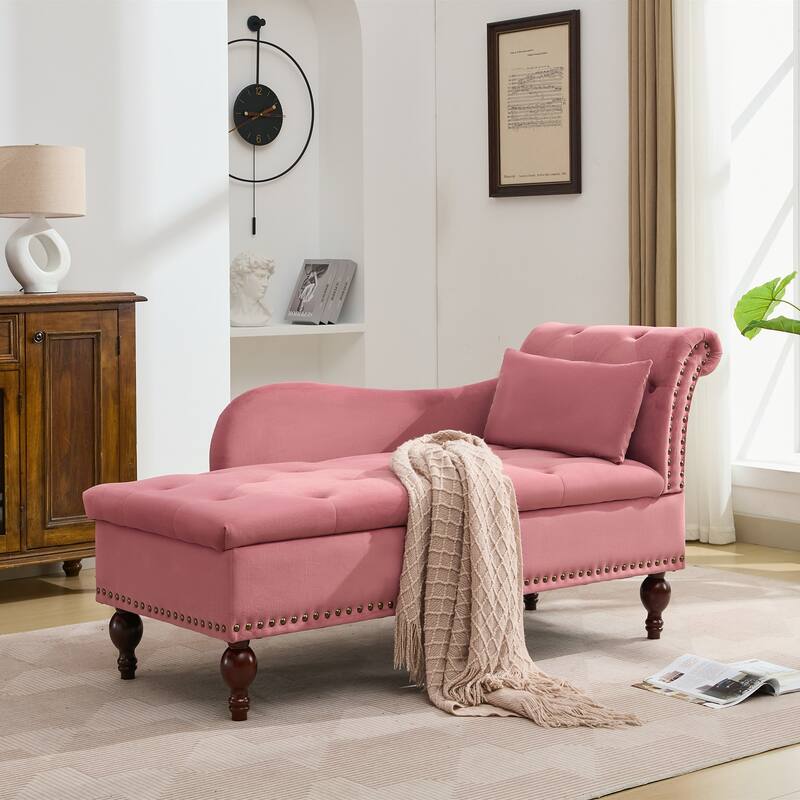 Velvet Chaise Lounge with a Storage Function, Tufted Cushions & Nailheads