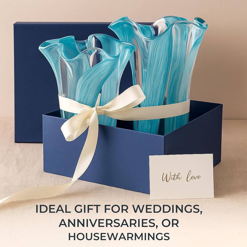 Green Set of 2 Striped Handblown Glass Vases with Broad Rim and Ruffle