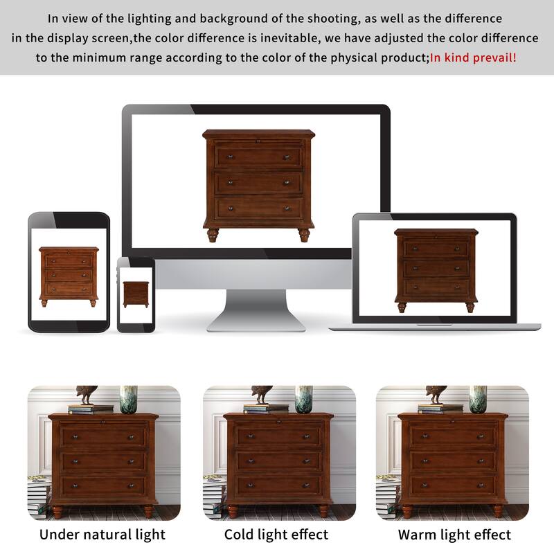 U_STYLE 28'' Pine Veneer Nightstand: 3 Drawers + Pull-Out Tray for Bedroom/Sofa