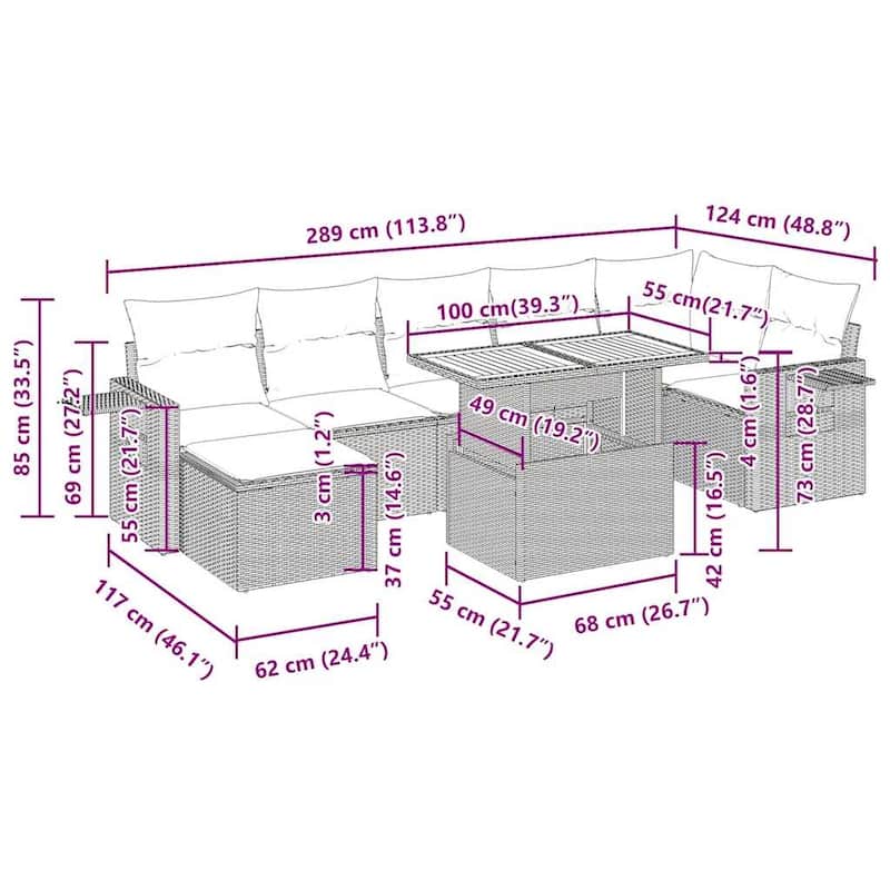vidaXL Patio Sofa Set with Cushions Table and Modular Sofas 8 Piece Poly Rattan - 21.7 x 24.4 x 27.2
