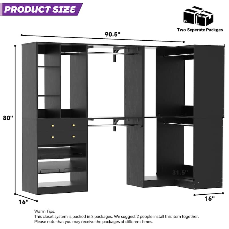 Rackcog Freestanding Corner Closet System Set, Closet Organizer with Hanging Rods and Drawers