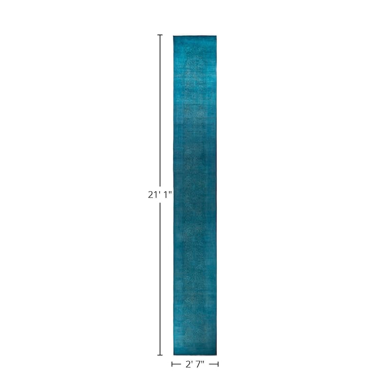 Overton Hand Knotted Wool Vintage Inspired Modern Contemporary Overdyed Blue Runner Rug - 2' 7" x 21' 1"
