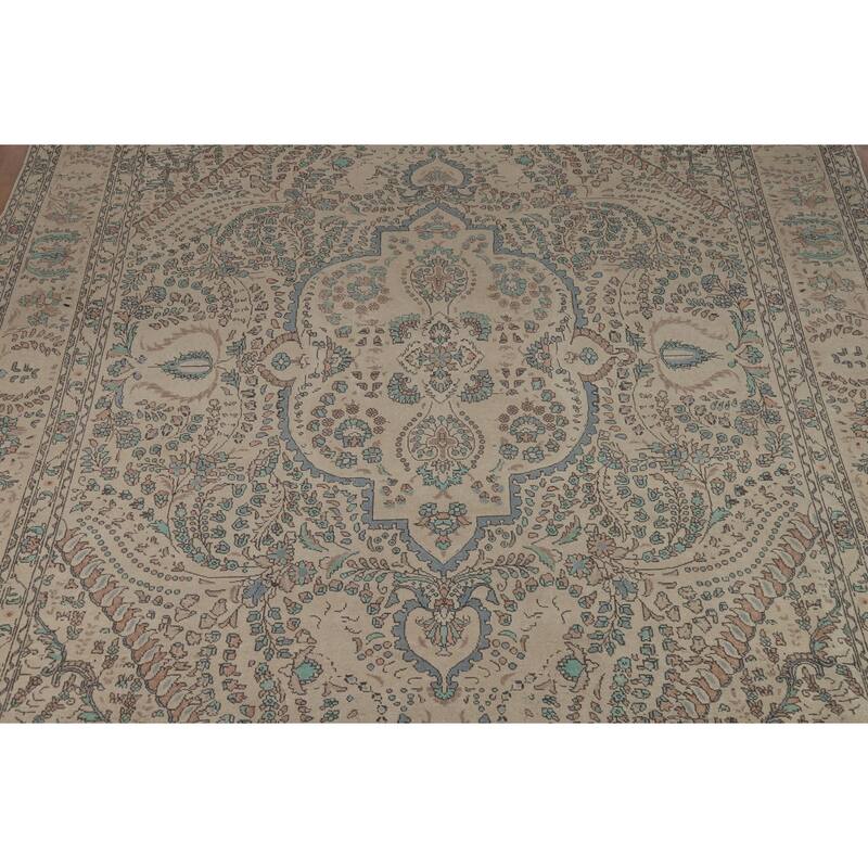Traditional Beige Tabriz Persian Area Rug Handmade Wool Carpet - 10'3"x 12'8"