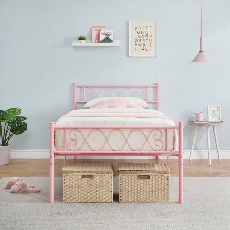 Bed Frame with Headboard and Footboard for Girls and Boys - Pink - Twin
